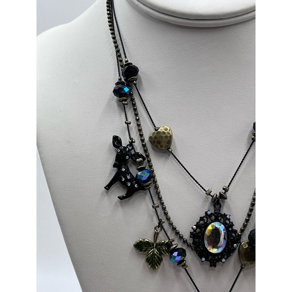 Betsey Johnson Dark Forest Triple Strand Gunmetal Necklace Fox Rabbit Charms - Picture 14 of 16
